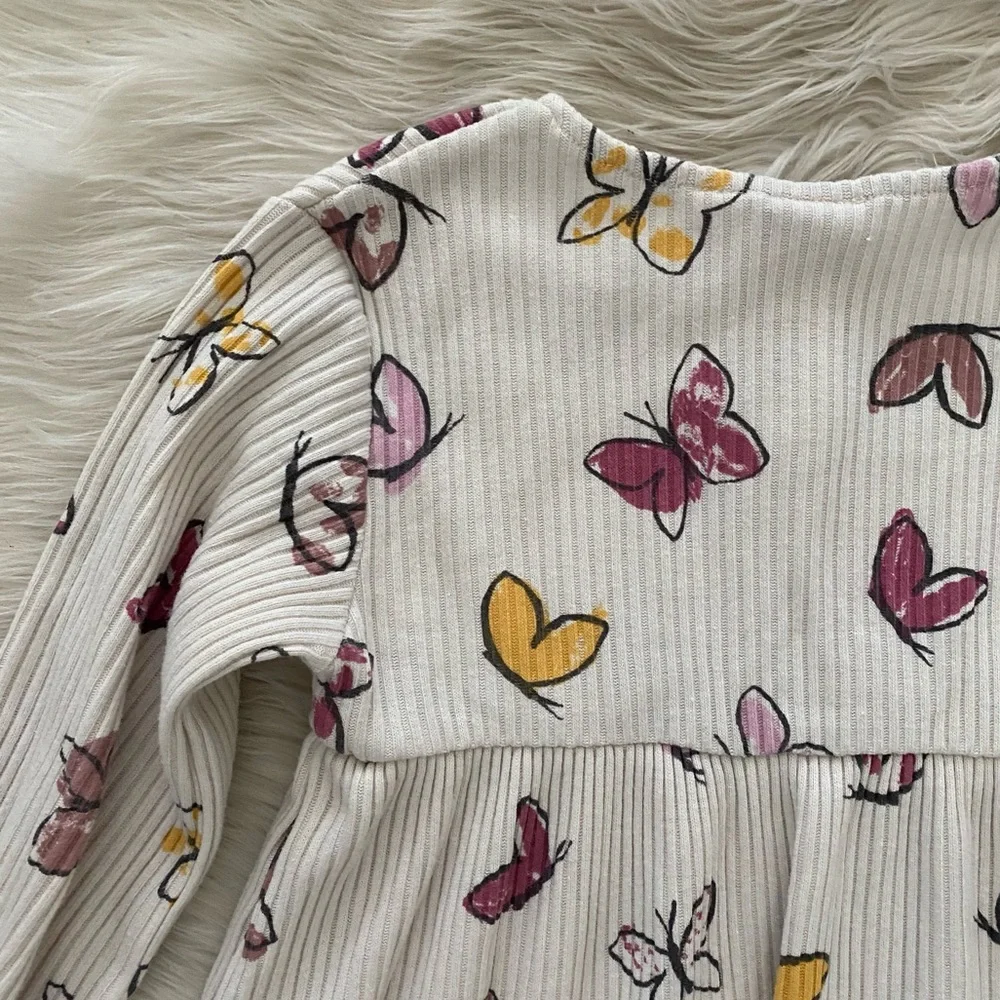Zara Girl Cream Gray Ribbed Pink Butterfly Button Front Long Sleeve Dress